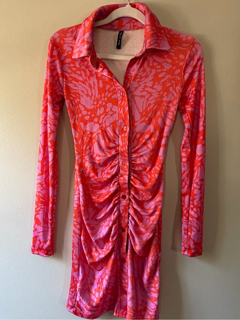 Pink & Orange Ruched Long-Sleeve Shirt Dress